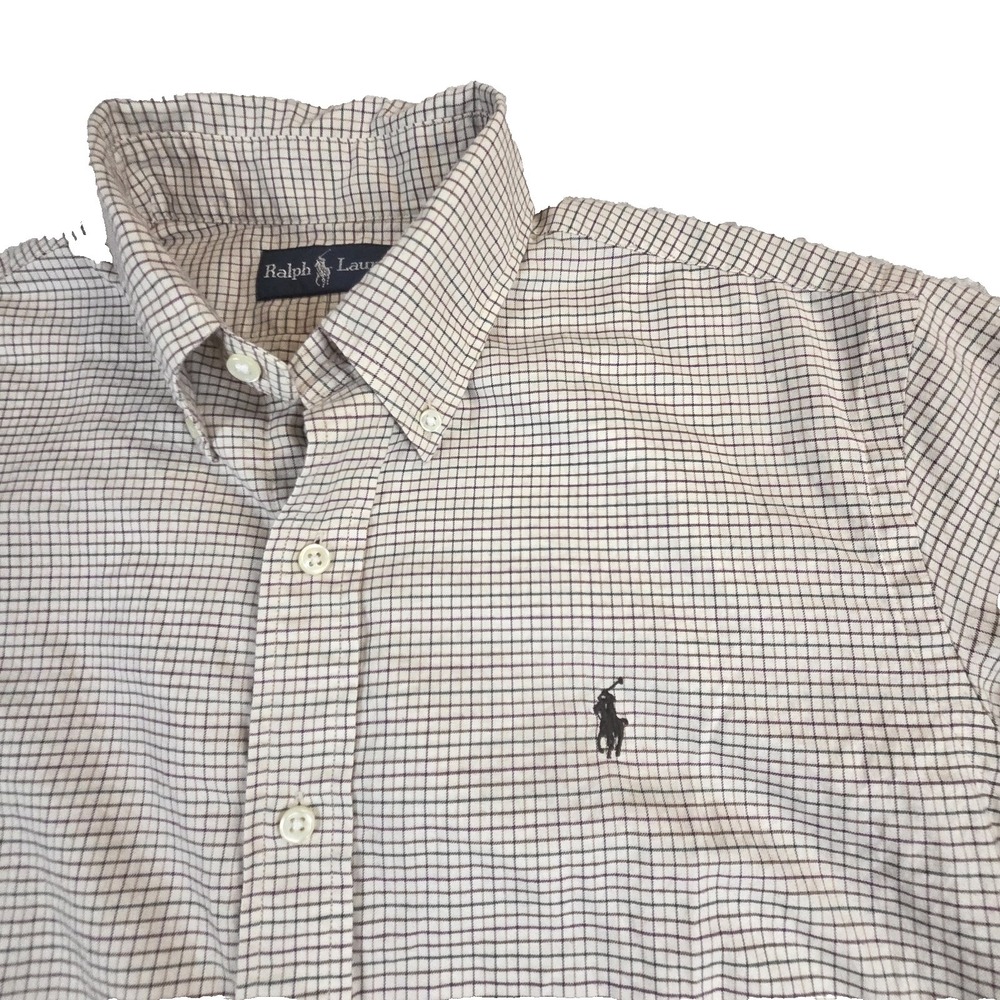 Ralph Lauren Mens Dress Shirt Tan Plaid Men's Size M Preppy Classic Pony